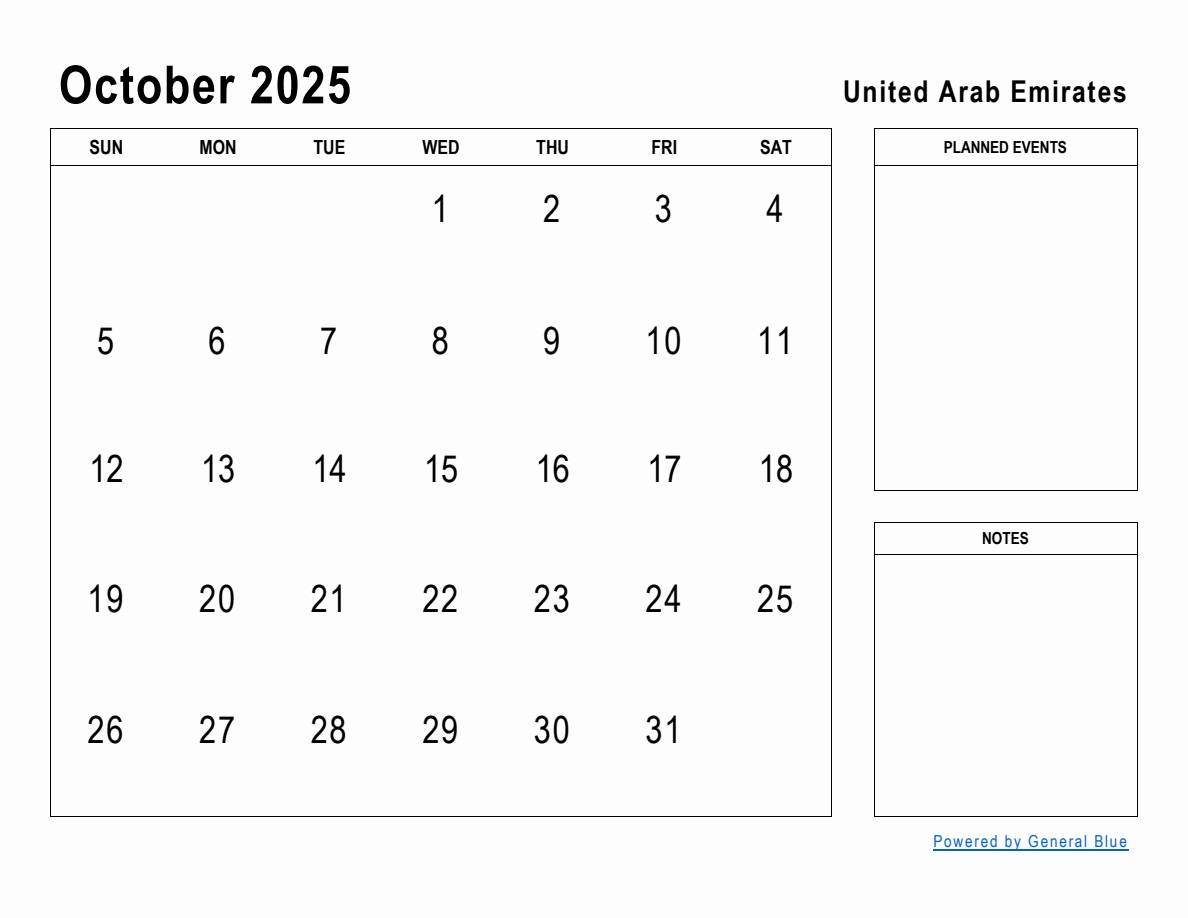 October 2025 Planner with United Arab Emirates Holidays