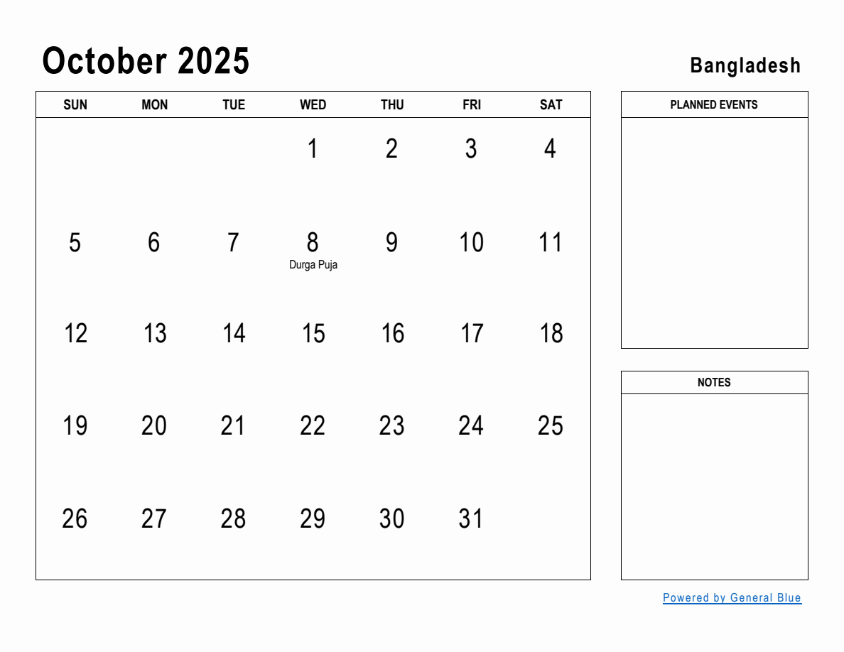 October 2025 Planner with Bangladesh Holidays