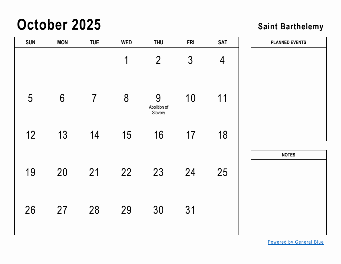 October 2025 Planner with Saint Barthelemy Holidays