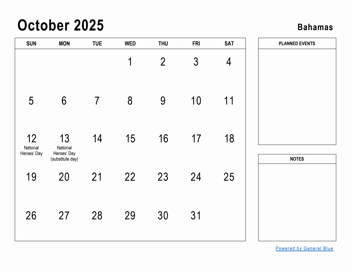 October 2025 Planner with Bahamas Holidays