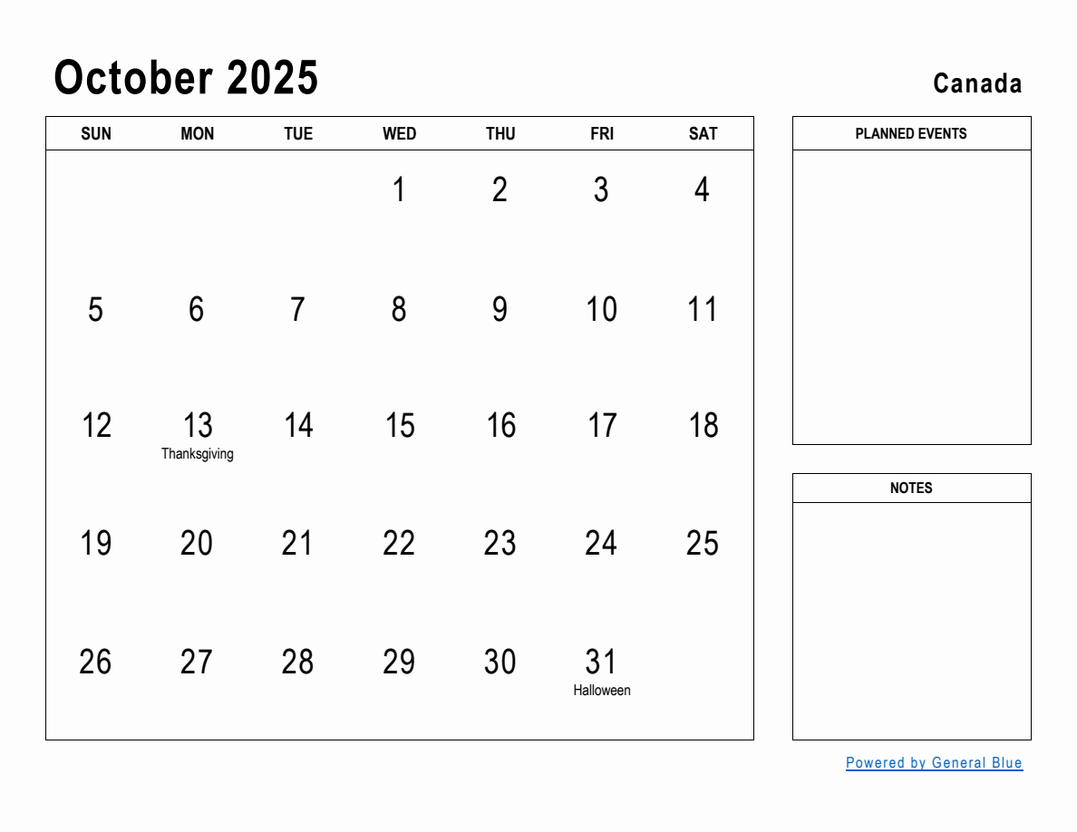 October 2025 Planner with Canada Holidays