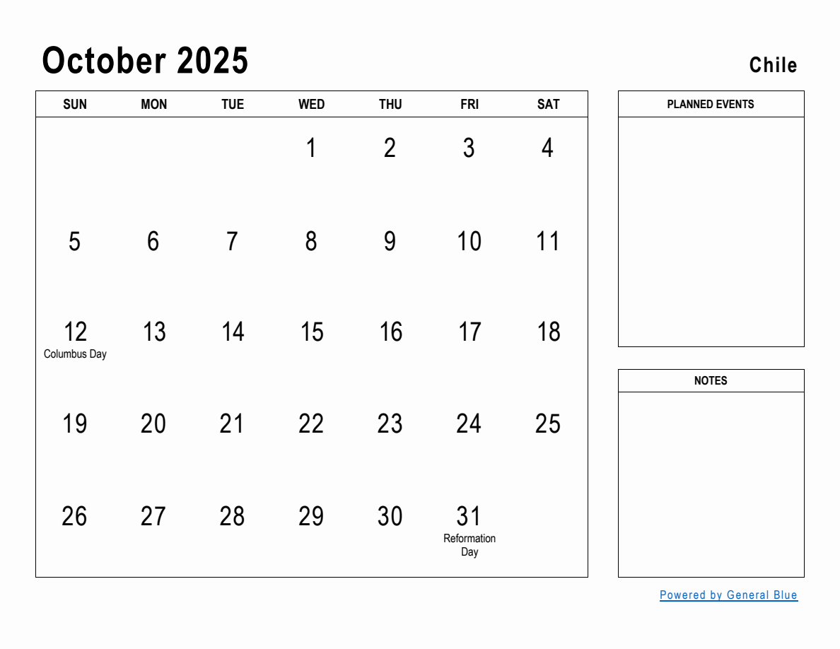 October 2025 Planner with Chile Holidays