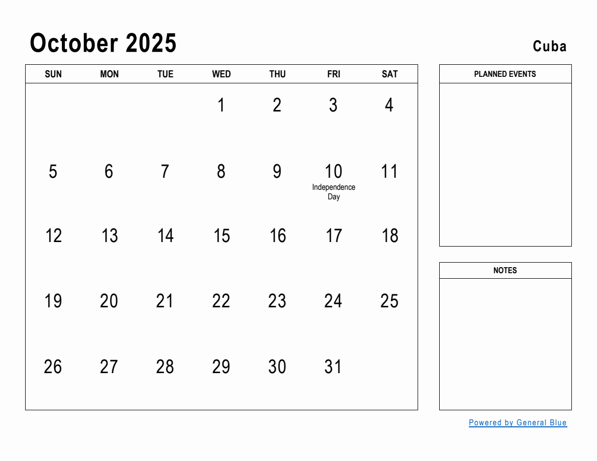 October 2025 Planner with Cuba Holidays