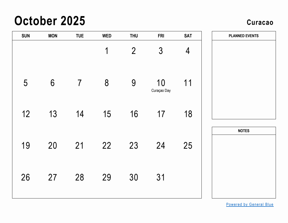 October 2025 Planner with Curacao Holidays