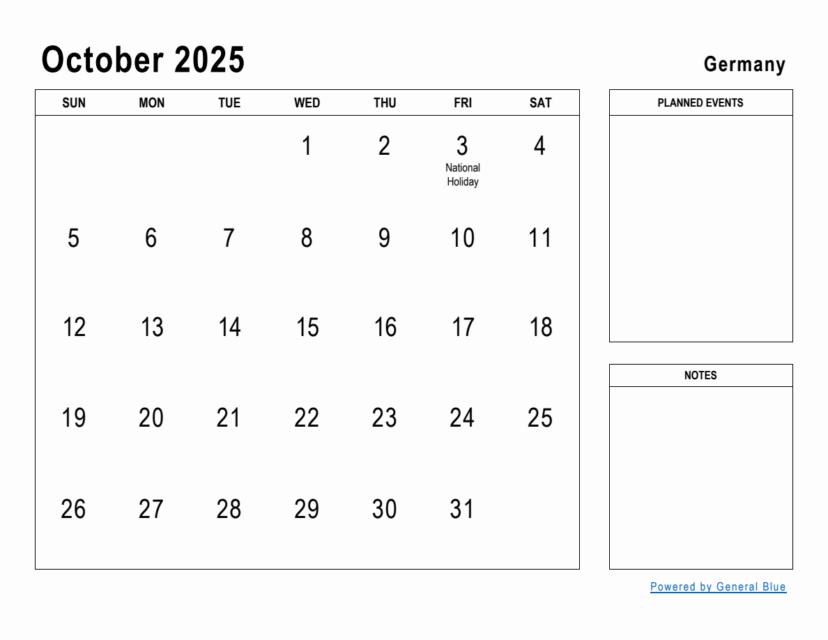 October 2025 Planner with Germany Holidays