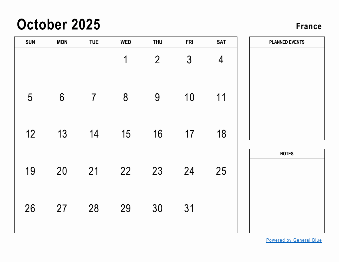 October 2025 Planner with France Holidays