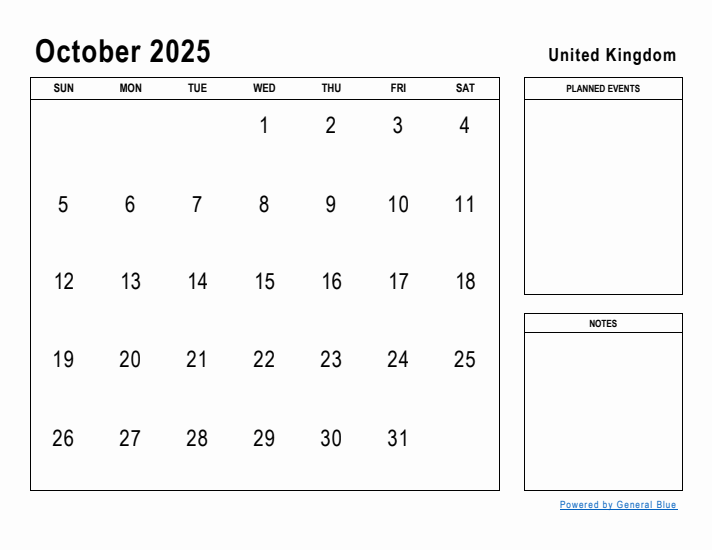October 2025 Planner with United Kingdom Holidays