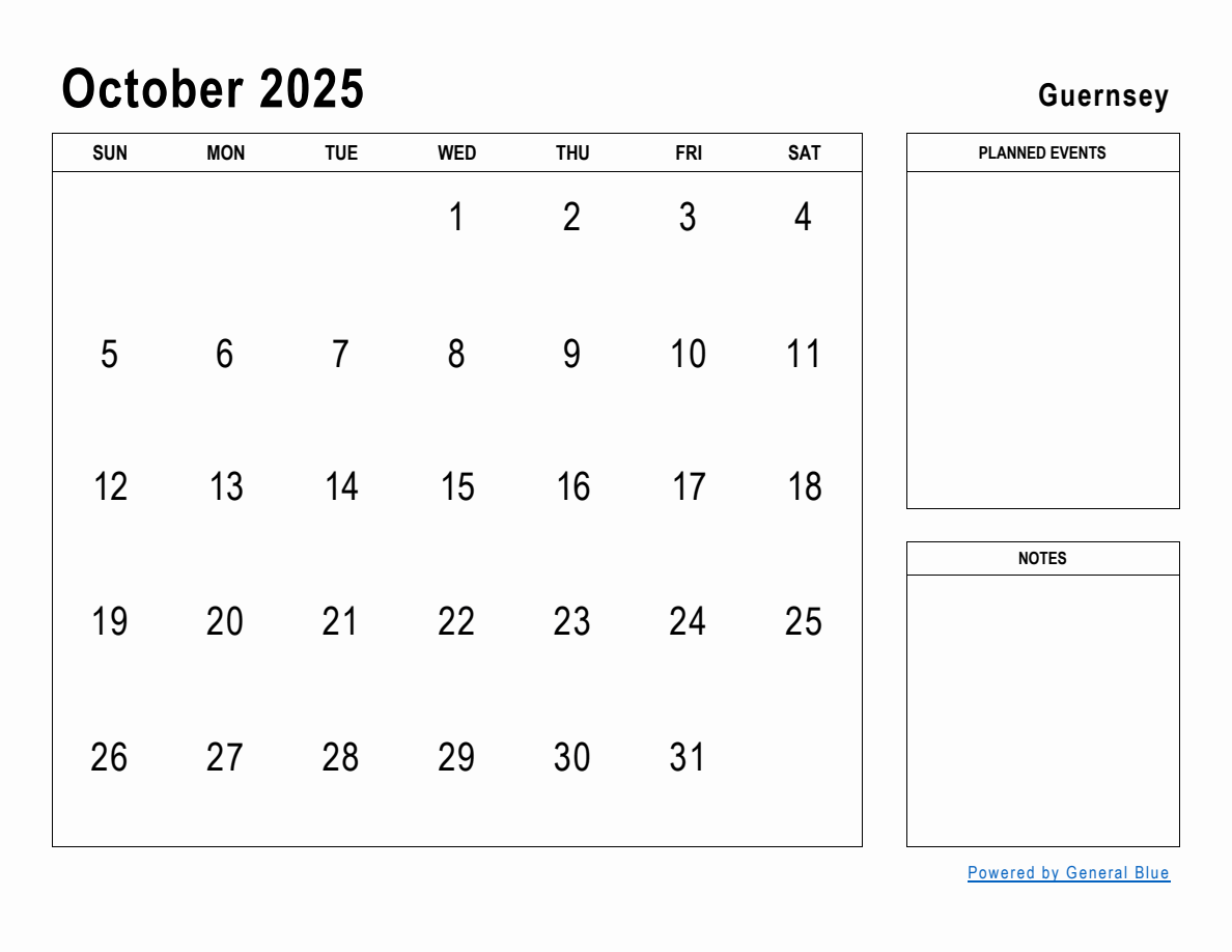 October 2025 Planner with Guernsey Holidays