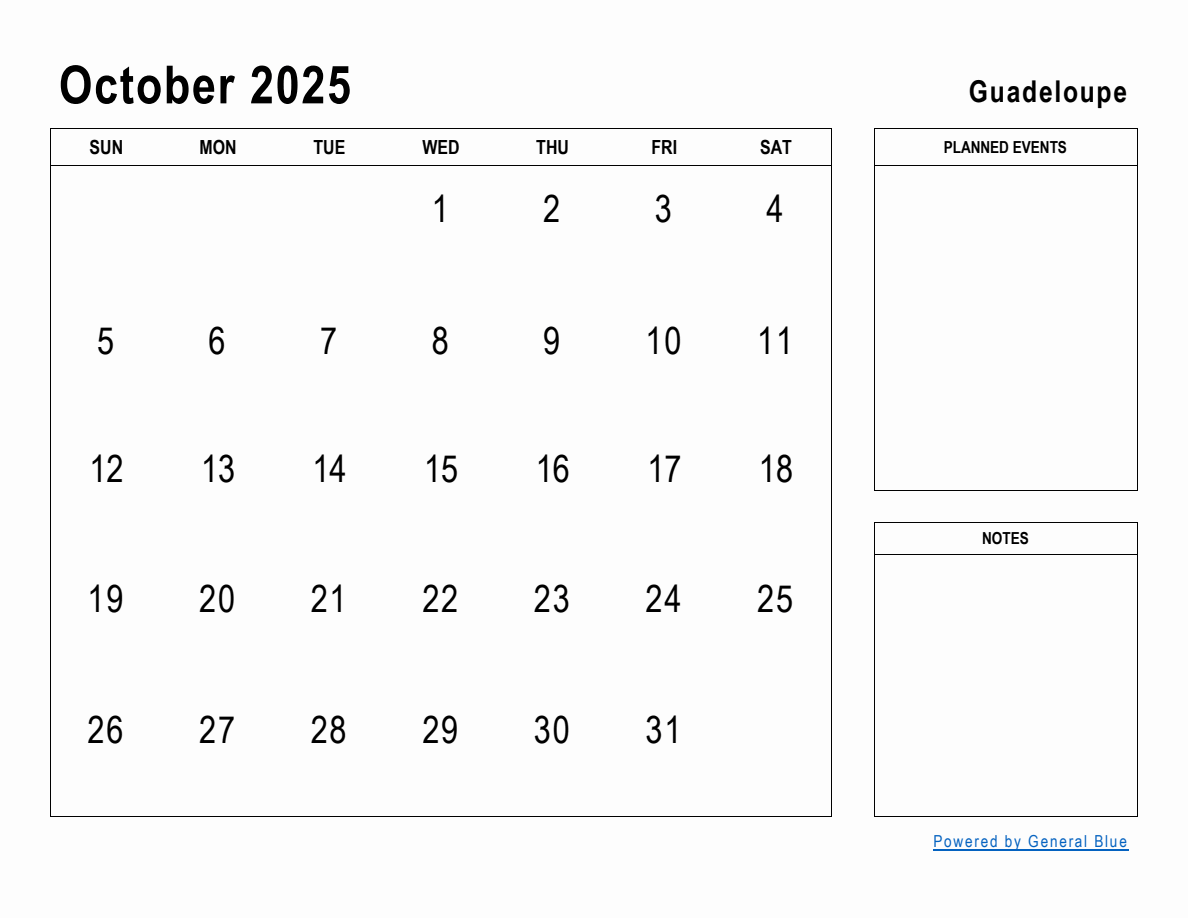 October 2025 Planner with Guadeloupe Holidays