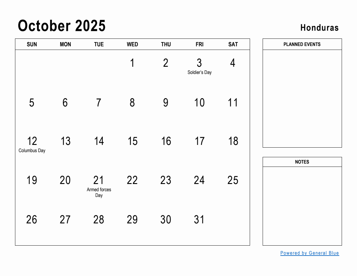 October 2025 Planner with Honduras Holidays