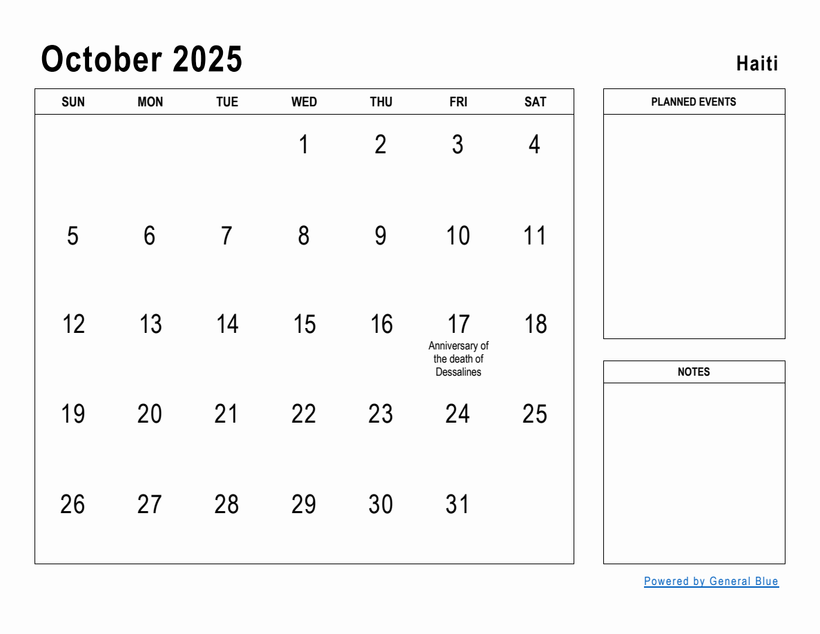 October 2025 Planner with Haiti Holidays