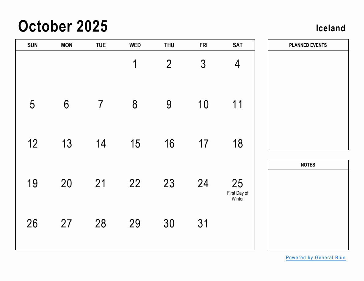 October 2025 Planner with Iceland Holidays