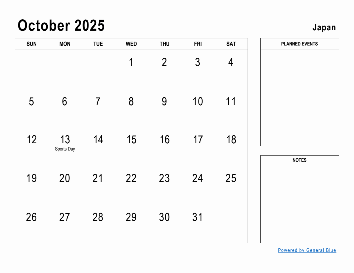 October 2025 Planner with Japan Holidays