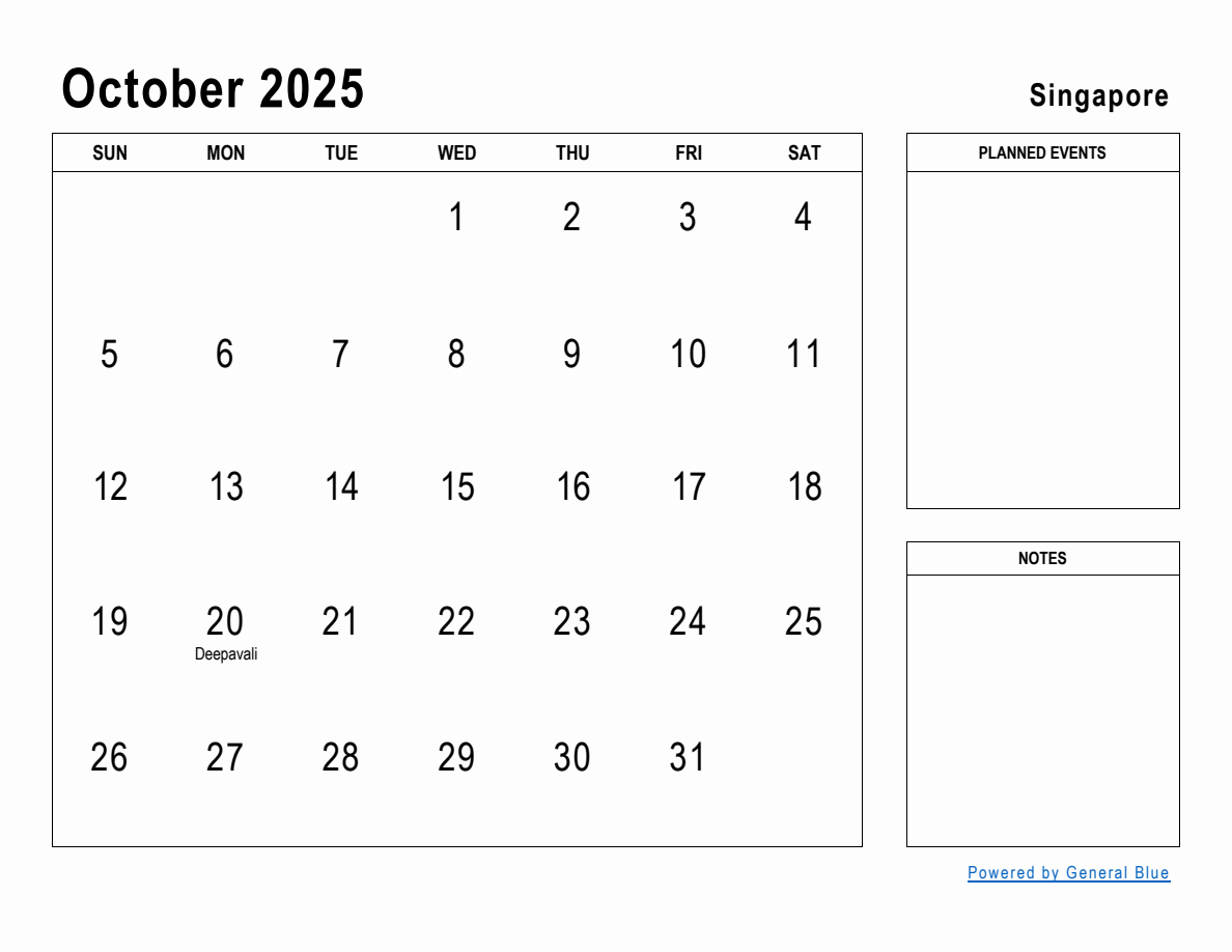 October 2025 Planner with Singapore Holidays