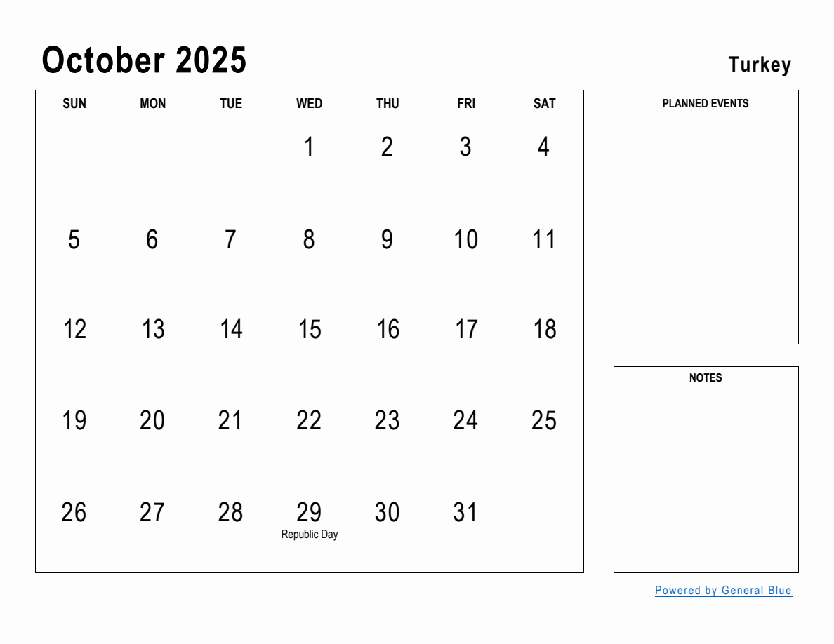 October 2025 Planner with Turkey Holidays