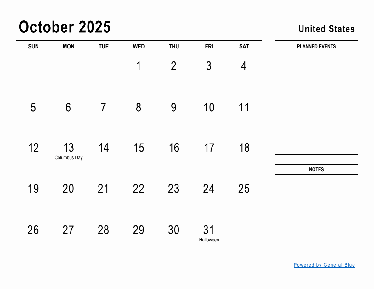 October 2025 Planner with United States Holidays