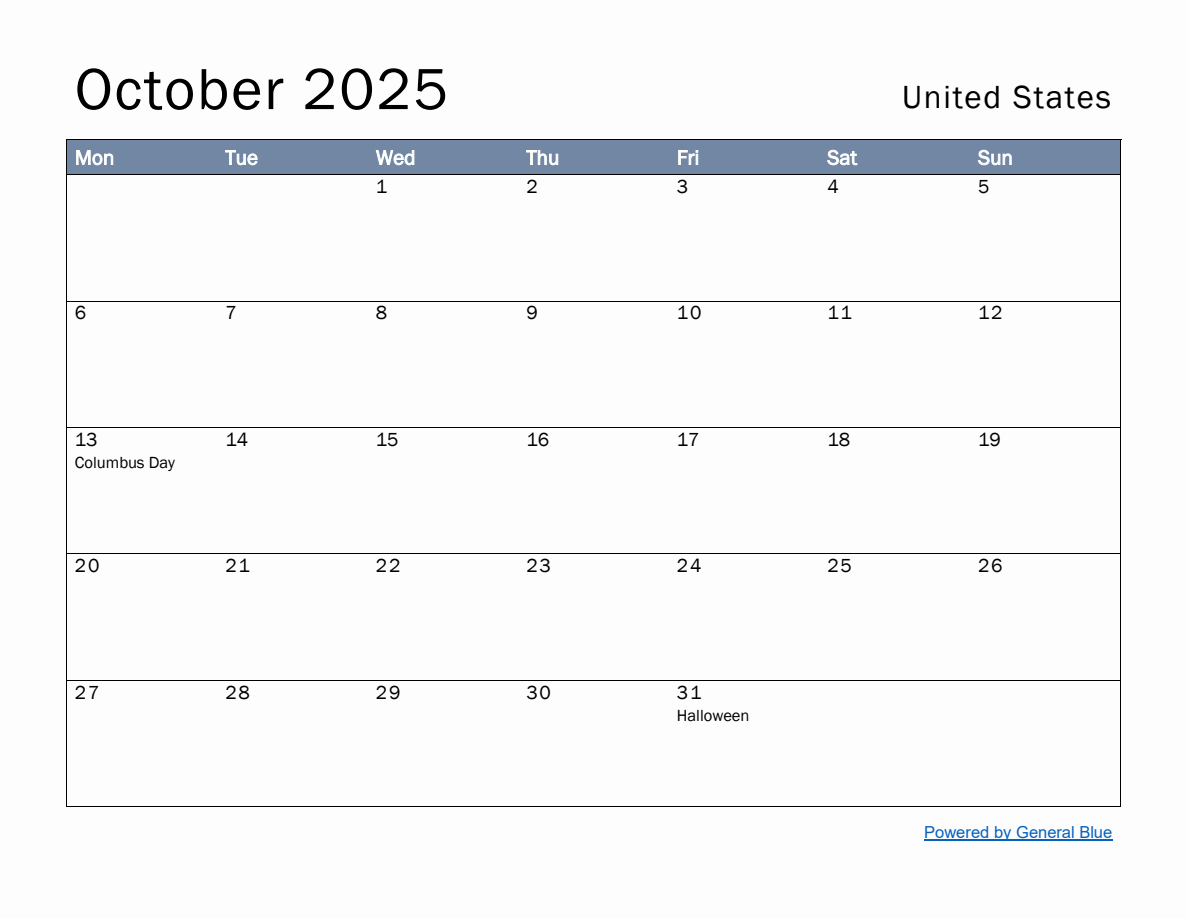 Free Monthly Calendar Template for October 2025 with United States Holidays