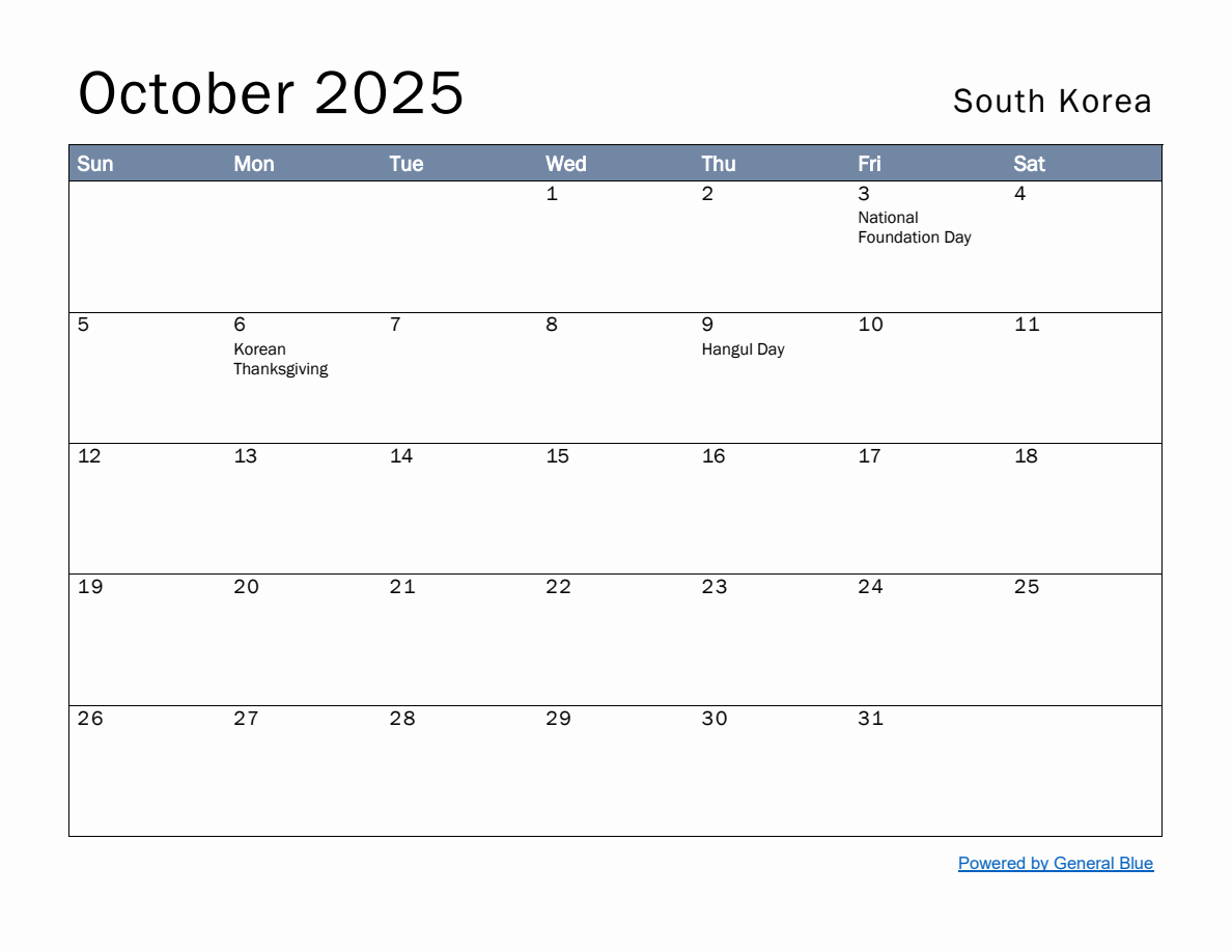 Free Monthly Calendar Template for October 2025 with South Korea Holidays