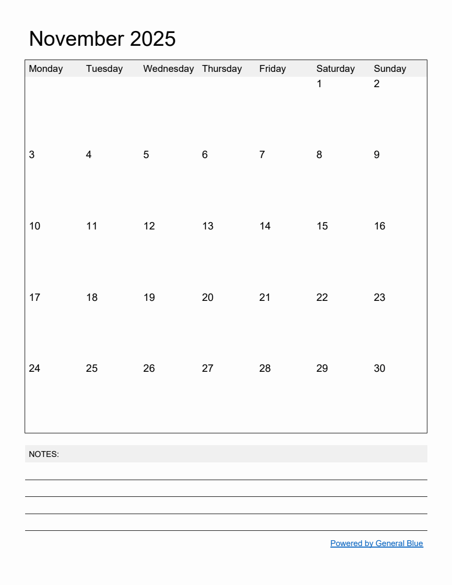 Free Printable Monthly Calendar for November 2025