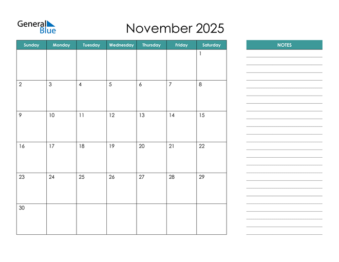 November 2025 Calendar (PDF Word Excel)