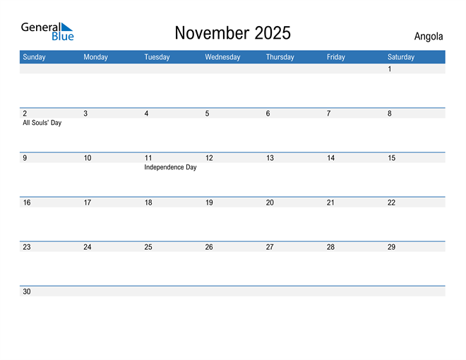 November 2025 Calendar with Angola Holidays