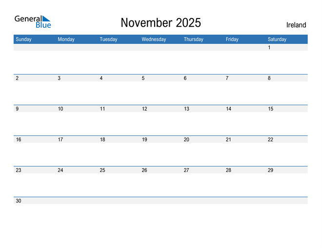 November 2025 Calendar with Ireland Holidays