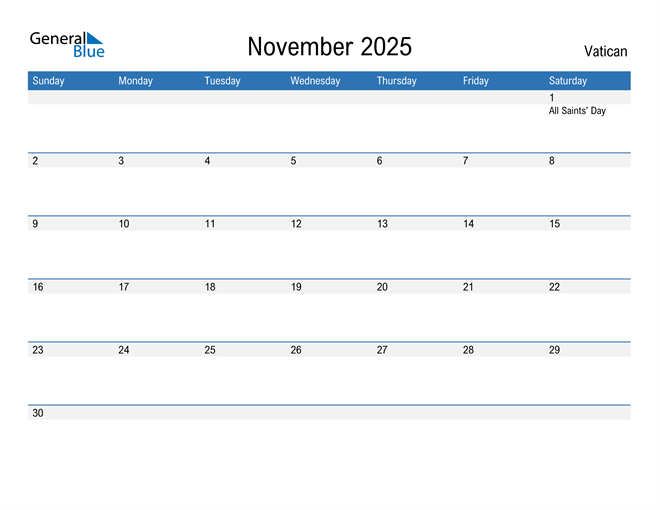 November 2025 Calendar with Vatican Holidays