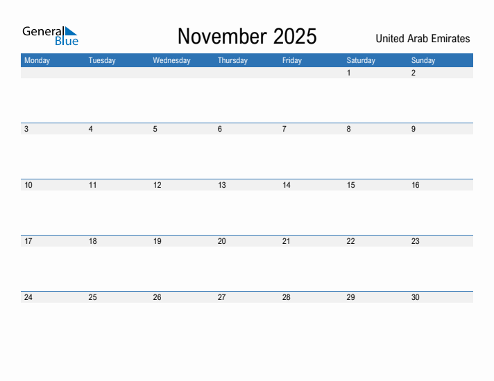 November 2025 - United Arab Emirates Monthly Calendar with Holidays