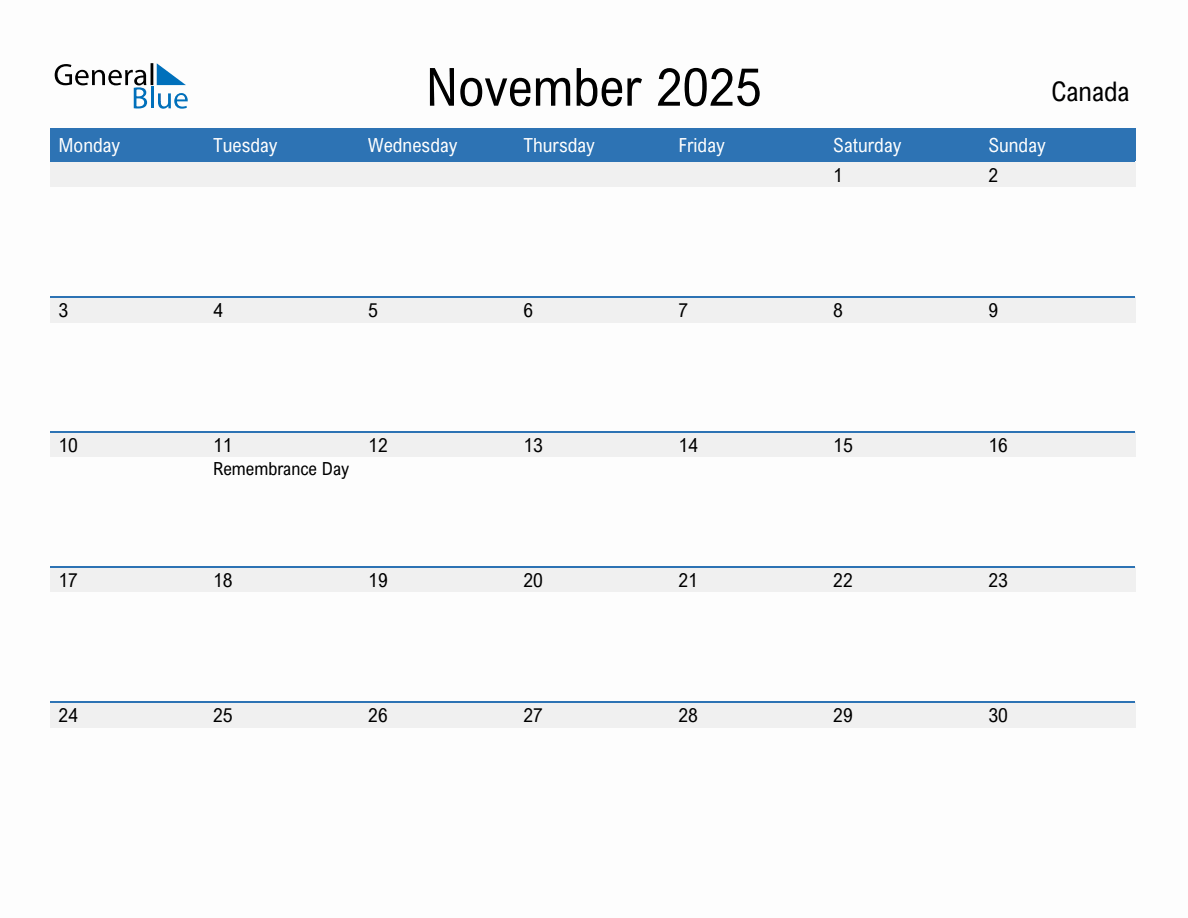 Editable November 2025 Calendar with Canada Holidays