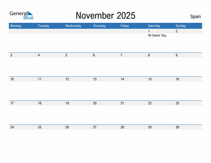November 2025 Spain Monthly Calendar with Holidays