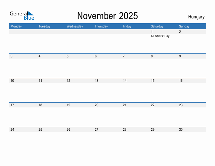 Editable November 2025 Calendar with Hungary Holidays