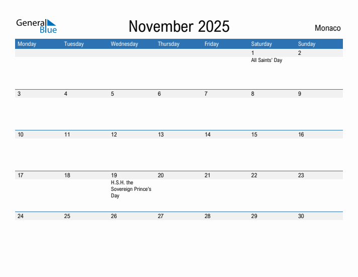 Editable November 2025 Calendar with Monaco Holidays