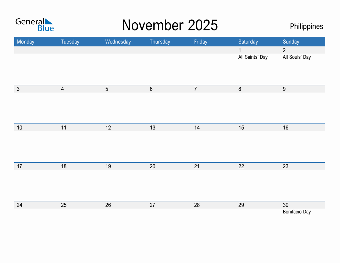 Editable November 2025 Calendar with Philippines Holidays