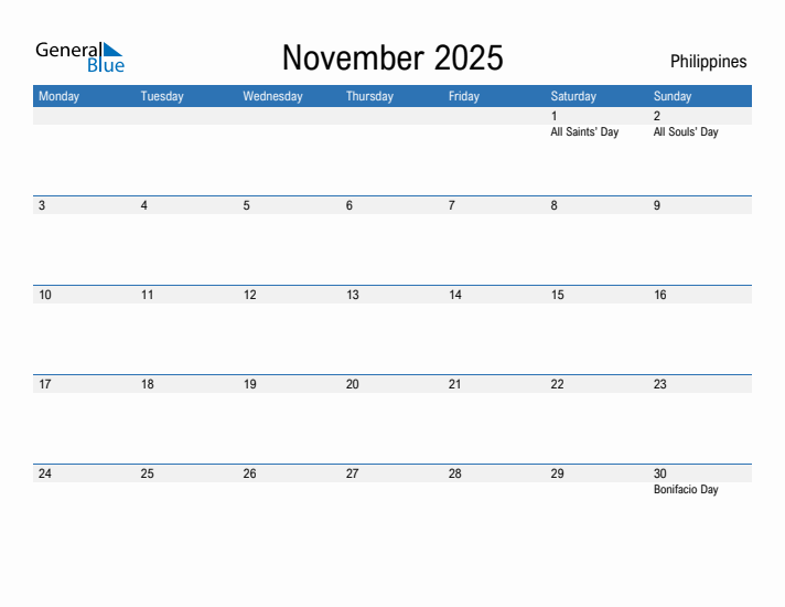 Editable November 2025 Calendar with Philippines Holidays