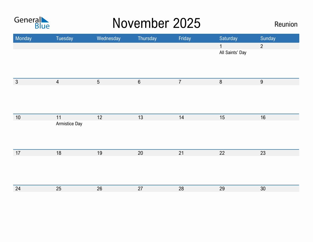 Editable November 2025 Calendar with Reunion Holidays