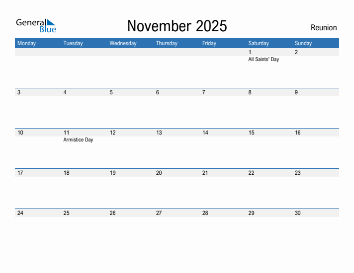 Editable November 2025 Calendar with Reunion Holidays