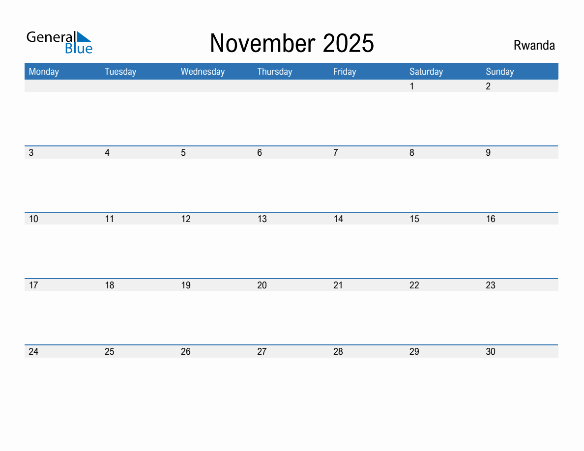 Editable November 2025 Calendar with Rwanda Holidays