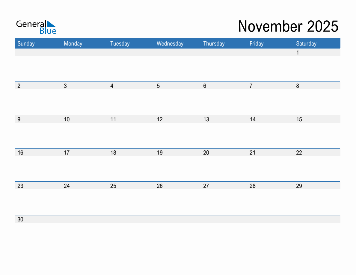 November 2025 Monthly Calendar (PDF, Word, Excel)