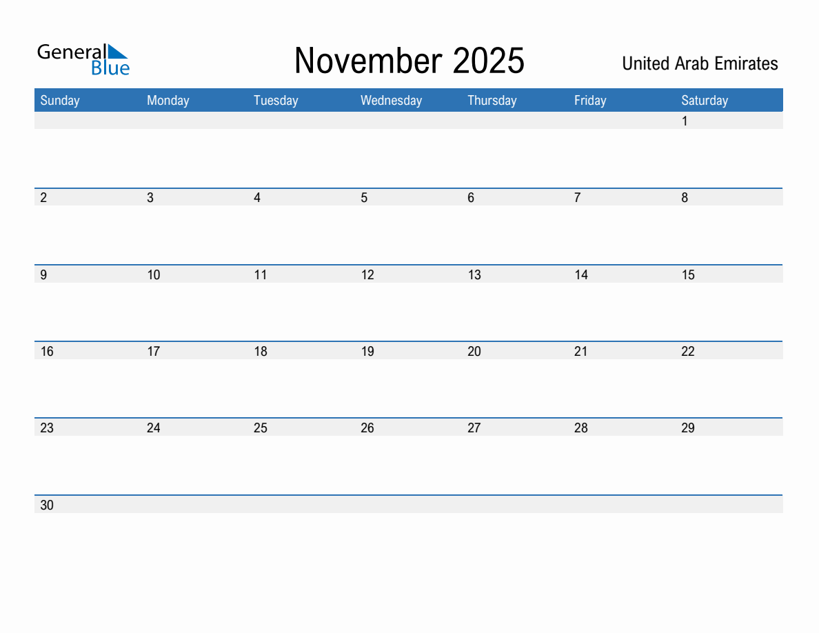 Editable November 2025 Calendar with United Arab Emirates Holidays