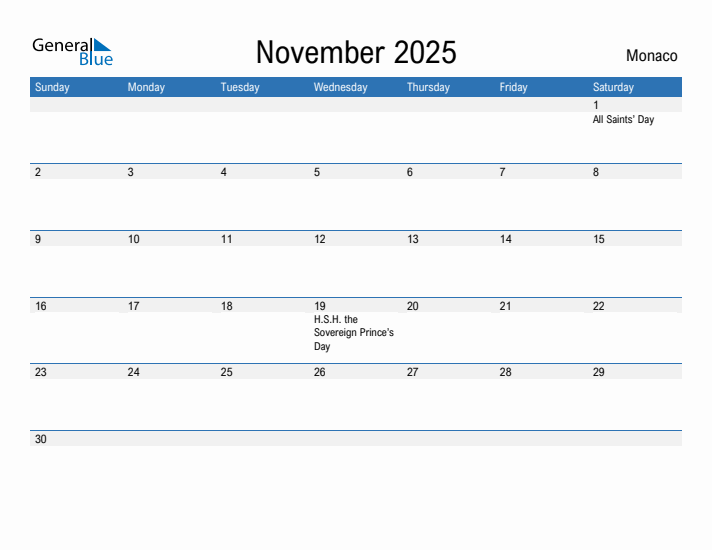 Editable November 2025 Calendar with Monaco Holidays