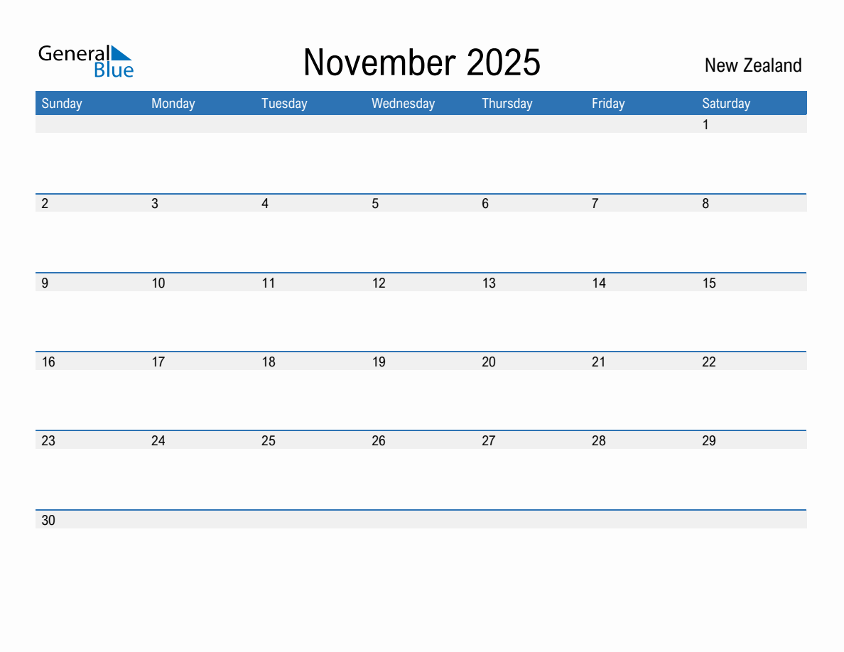 Editable November 2025 Calendar with New Zealand Holidays