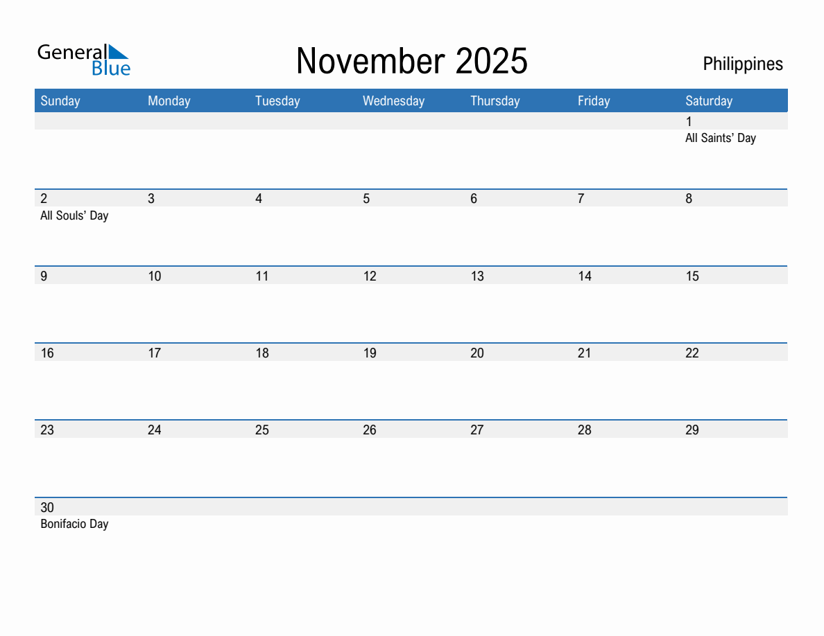 Editable November 2025 Calendar with Philippines Holidays