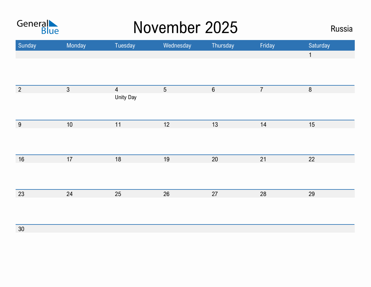 Editable November 2025 Calendar with Russia Holidays