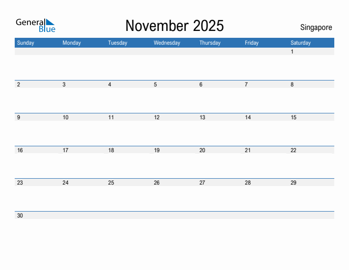 Editable November 2025 Calendar with Singapore Holidays