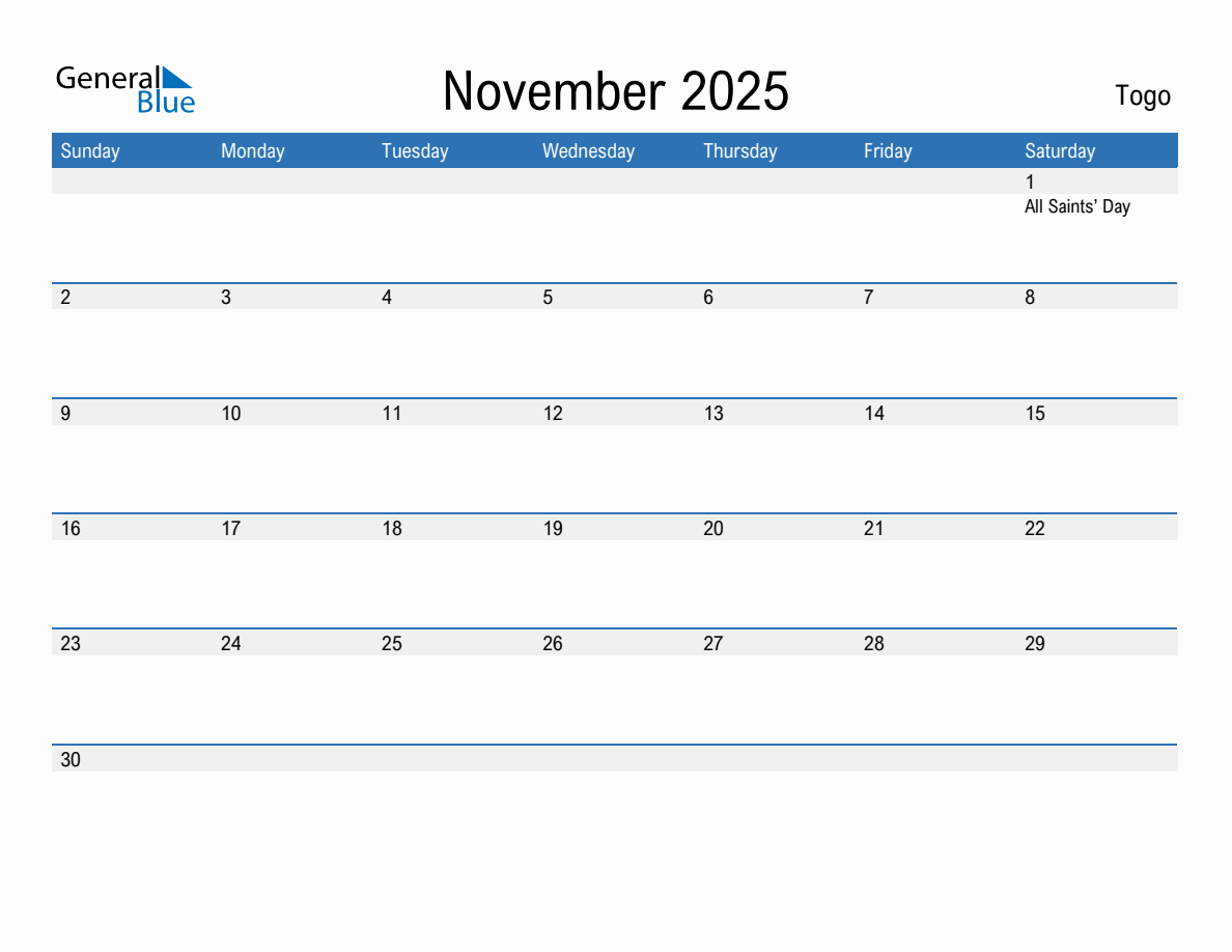 Editable November 2025 Calendar with Togo Holidays