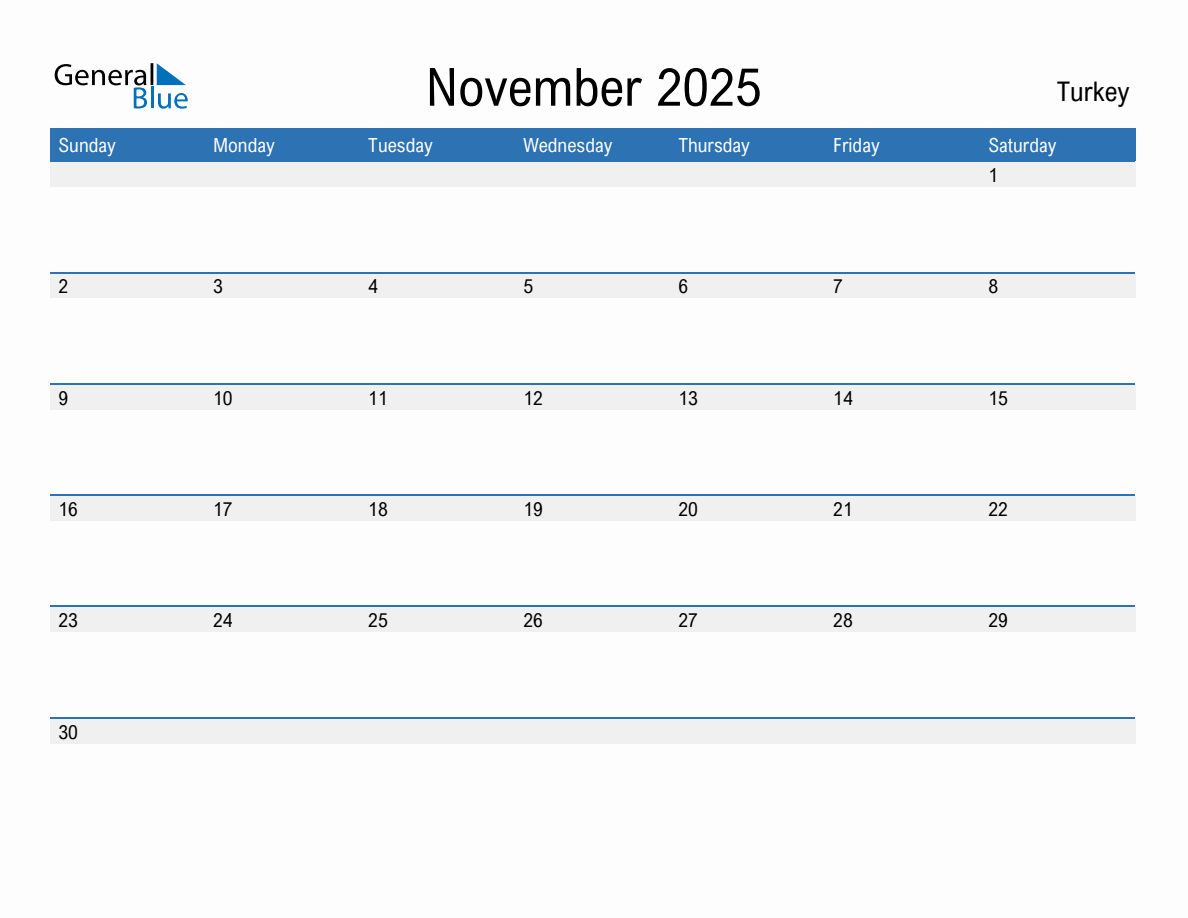 Editable November 2025 Calendar with Turkey Holidays