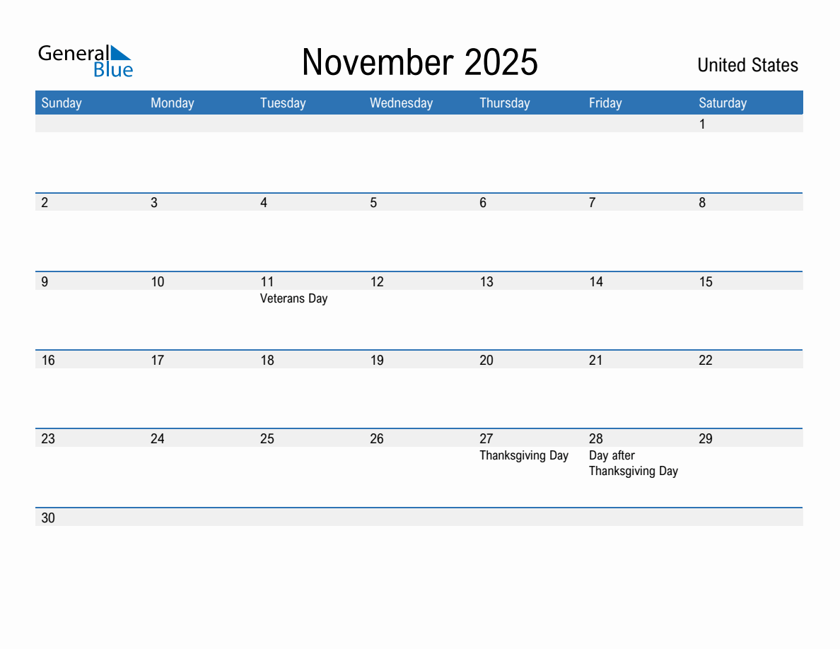 November 2025 Monthly Calendar with United States Holidays