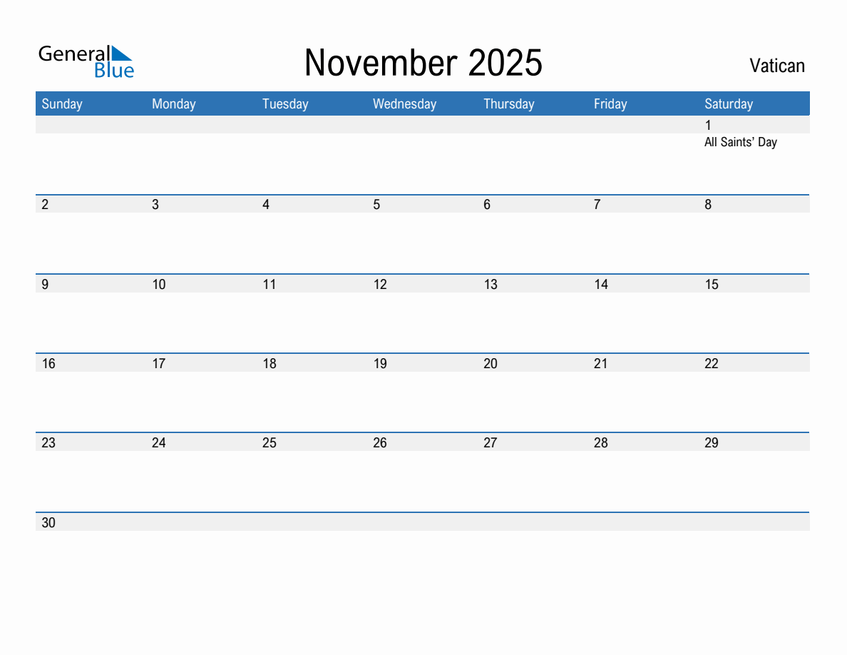 Editable November 2025 Calendar with Vatican Holidays