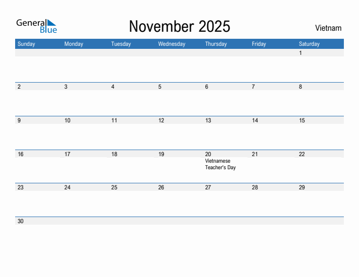 Editable November 2025 Calendar with Vietnam Holidays