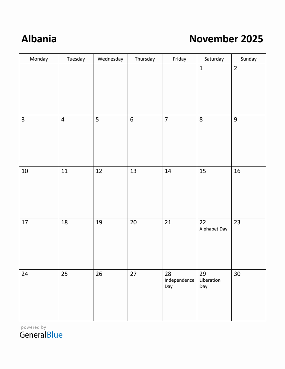 Free Printable November 2025 Calendar for Albania